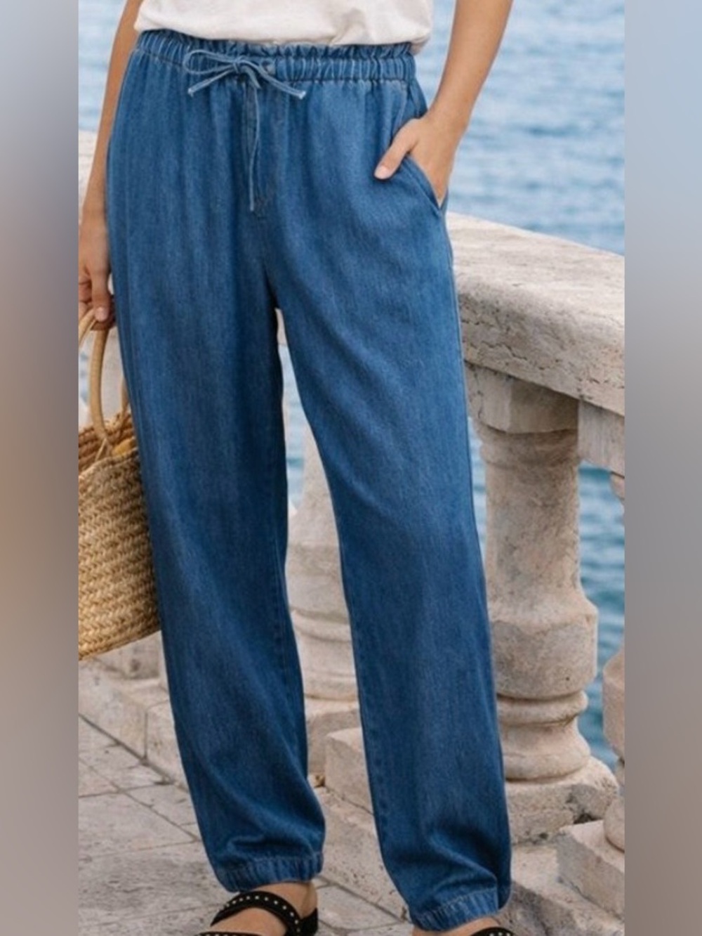 Gerard Darel Chambray Look Wide Leg Drawstring Pants Sz EU38